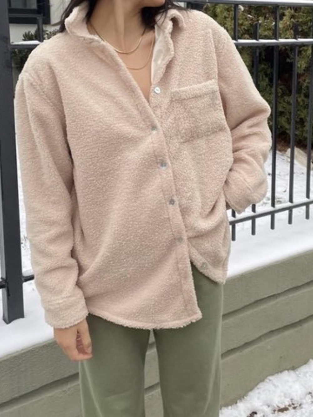 DONNI. Plush Teddy Button-Front Jacket in Light Beige